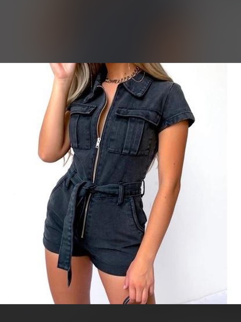 White Fox Boutique Black Denim Short Sleeve Zip Romper
